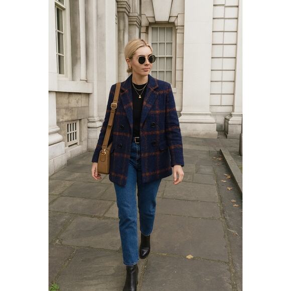 Cabi Plaid City Coat in Navy & Rust | Double-Breasted Fall Statement Jacket Edit - Picture 1 of 16